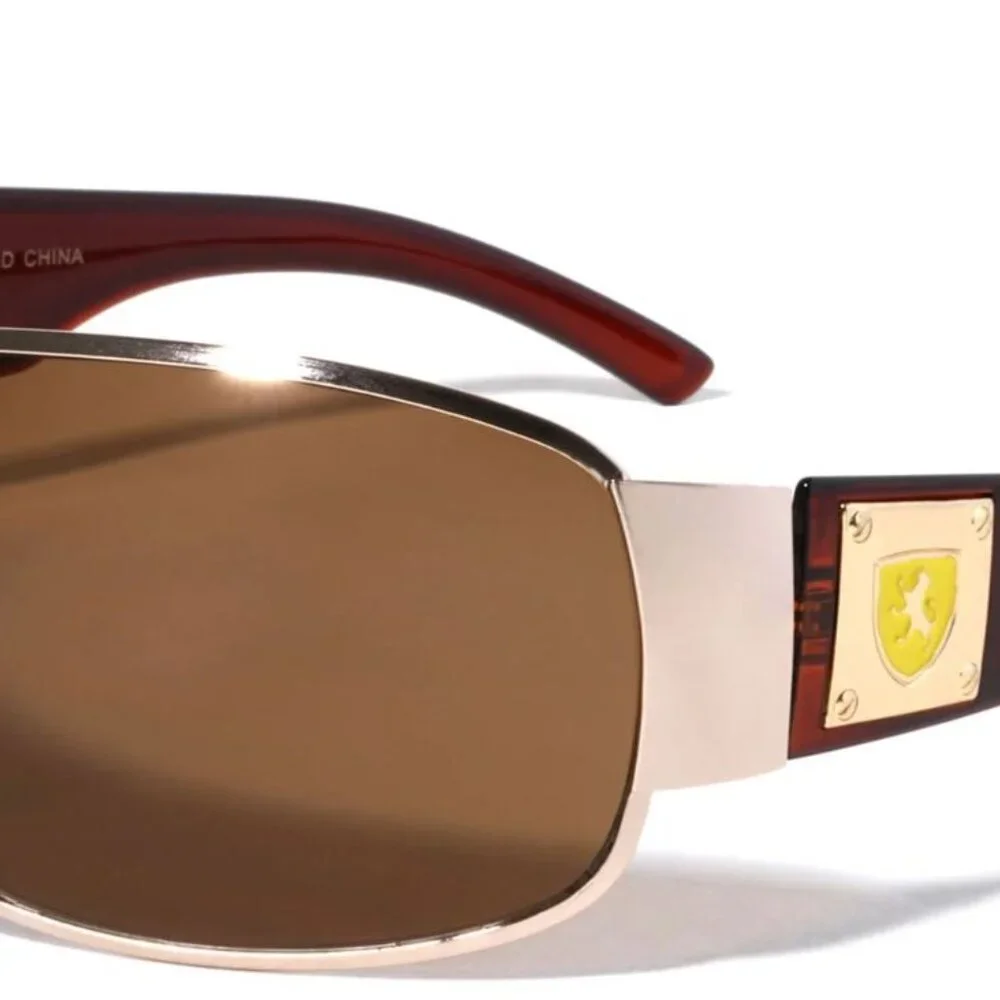 Men Fashion Sunglasses Single Metal Frame Gold Brown Lens‎ Shield Wrap Around